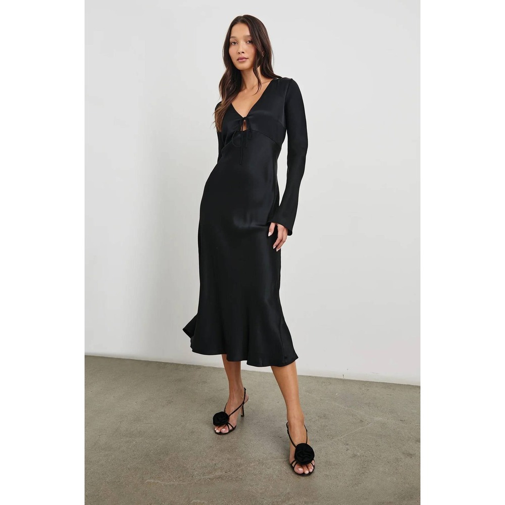 Rails‎ Amanda Black Satin V-Neck Long Sleeve Midi Dress Size M Keyhole Neck